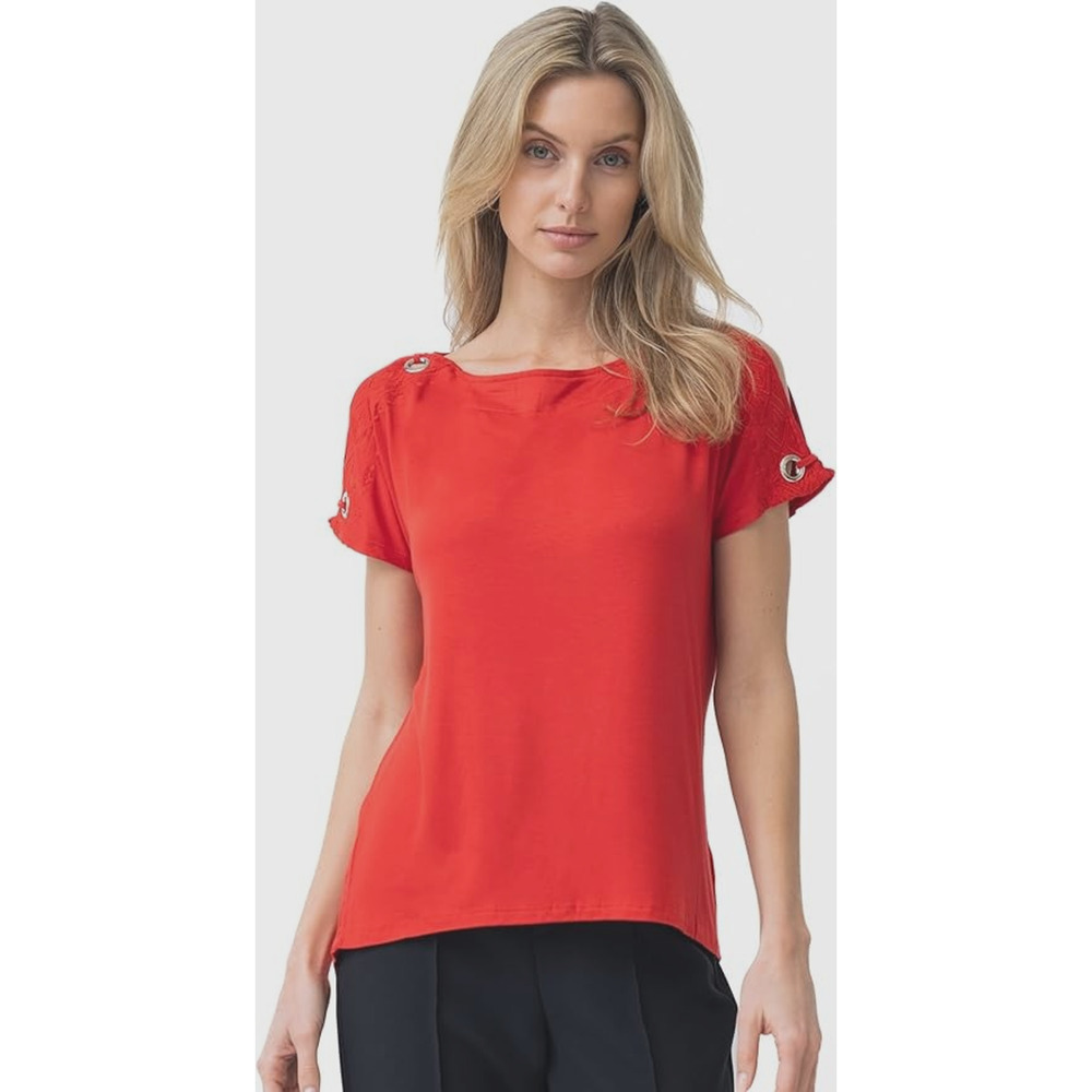 Cable & Gauge Top 1X Red Cold Shoulder Boat Neck Blouse Short Sleeve